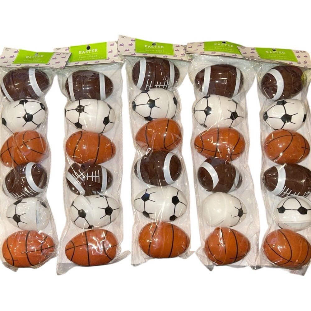 5x Sports Plastic Fillable Easter Eggs Football Basketball Soccer 6 Count Each